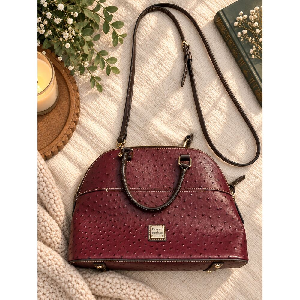 Dooney & Bourke Burgundy Ostrich Embossed Leather Dome Satchel Crossbody Bag